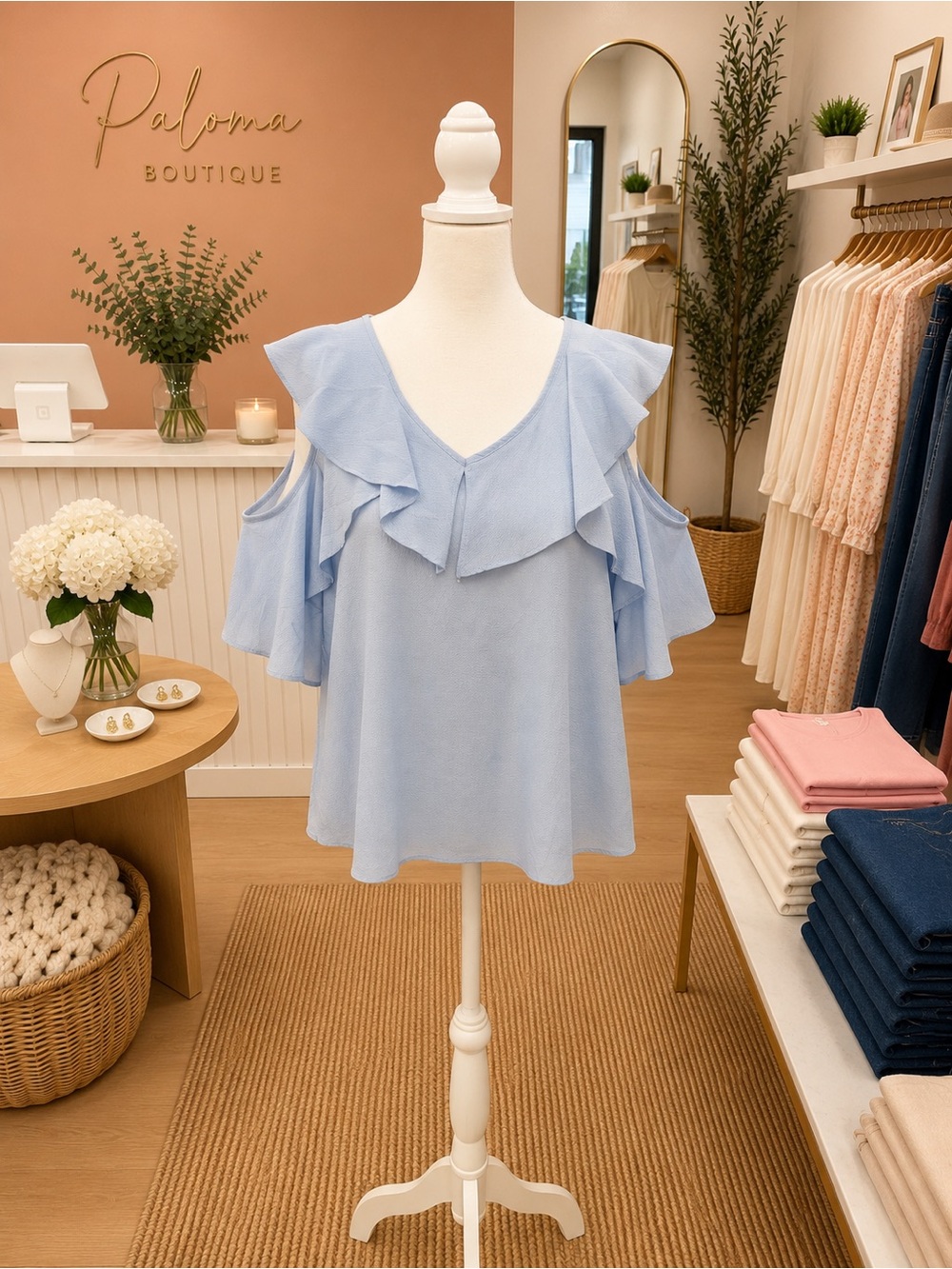 Umgee Baby Blue Cold Shoulder Ruffle Blouse NWT Small Romantic - Picture 1 of 2